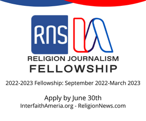 This red and blue logo announced the Religion Journalism Fellowship from September 2022- March 2023