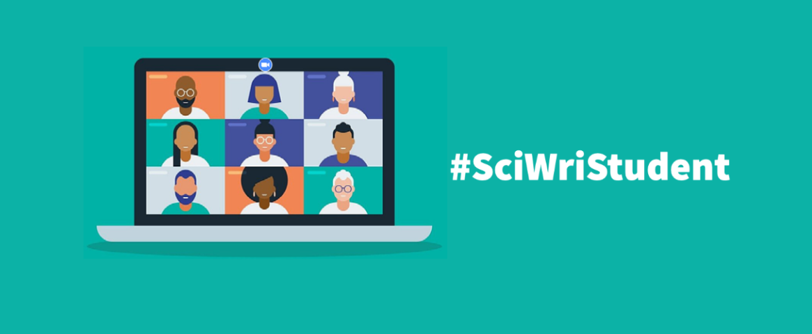 A blue-green background with a cartoon of a laptop and #SciWriStudent text.