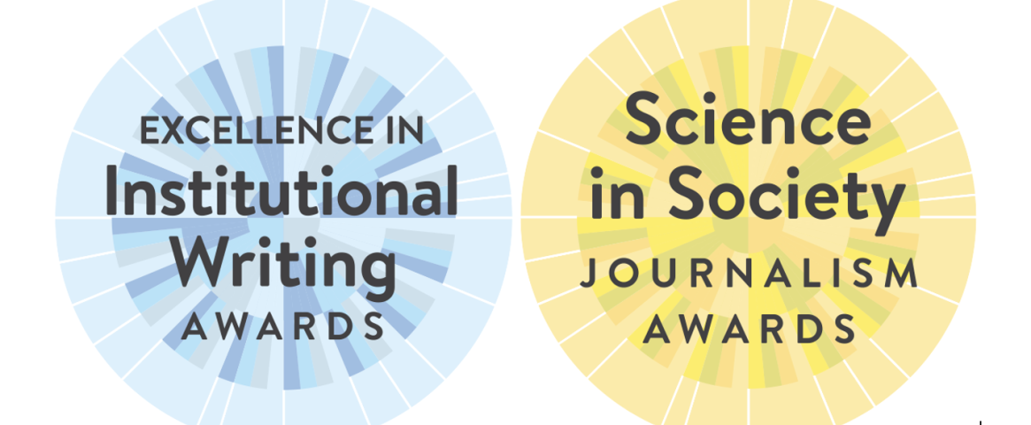 This image shows the blue Excellence in Institutional Writing award logo on the left and the yellow Science in Society Journalism award logo on the right