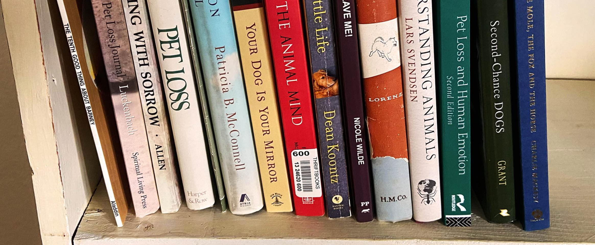 Rectangular photo of a closeup of books on a shelf, spanning titles on dogs and pets. Photo by Beth Miller.