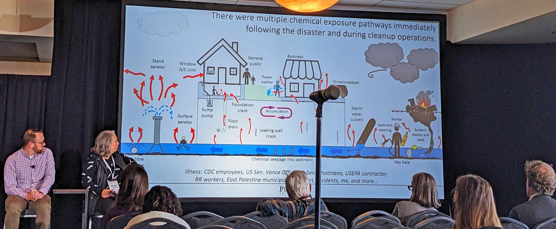 Photo shows conference attendees and panelists Nick Messenger and Stephanie Czekalinski looking at a slide with an illustrated figure showing the multiple chemical exposure pathways that occurred immediately following the disaster and during cleanup operations. Photo by Helina Selemon