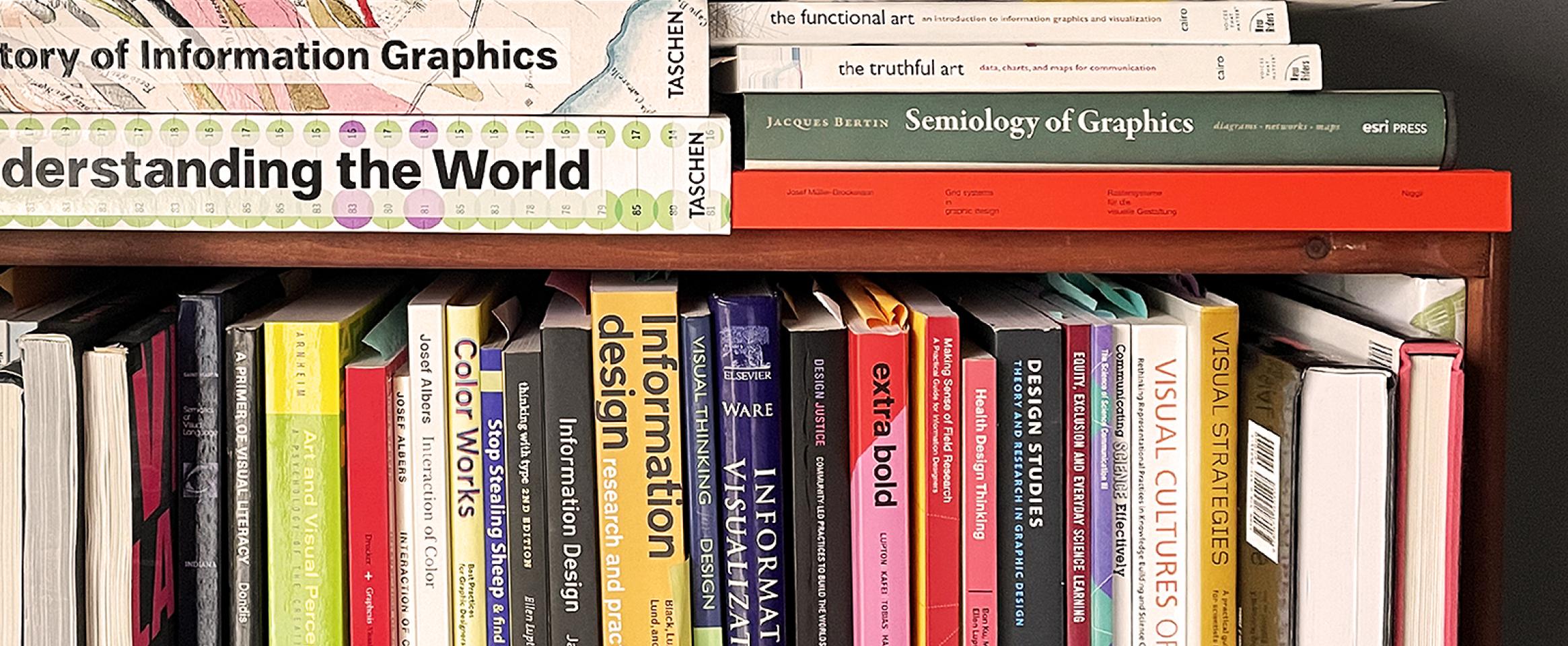 Horizontal photo of a bookshelf with the tops of books visible, along with books stacked atop. The titles all relate to scientific illustration.