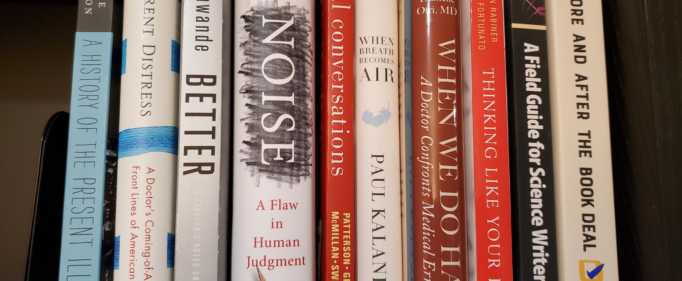 Rectangular photo of Ilana Yurkiewicz’s office bookshelf showing titles exploring doctor-patient relationships and writing. Photo credit Ilana Yurkiewicz