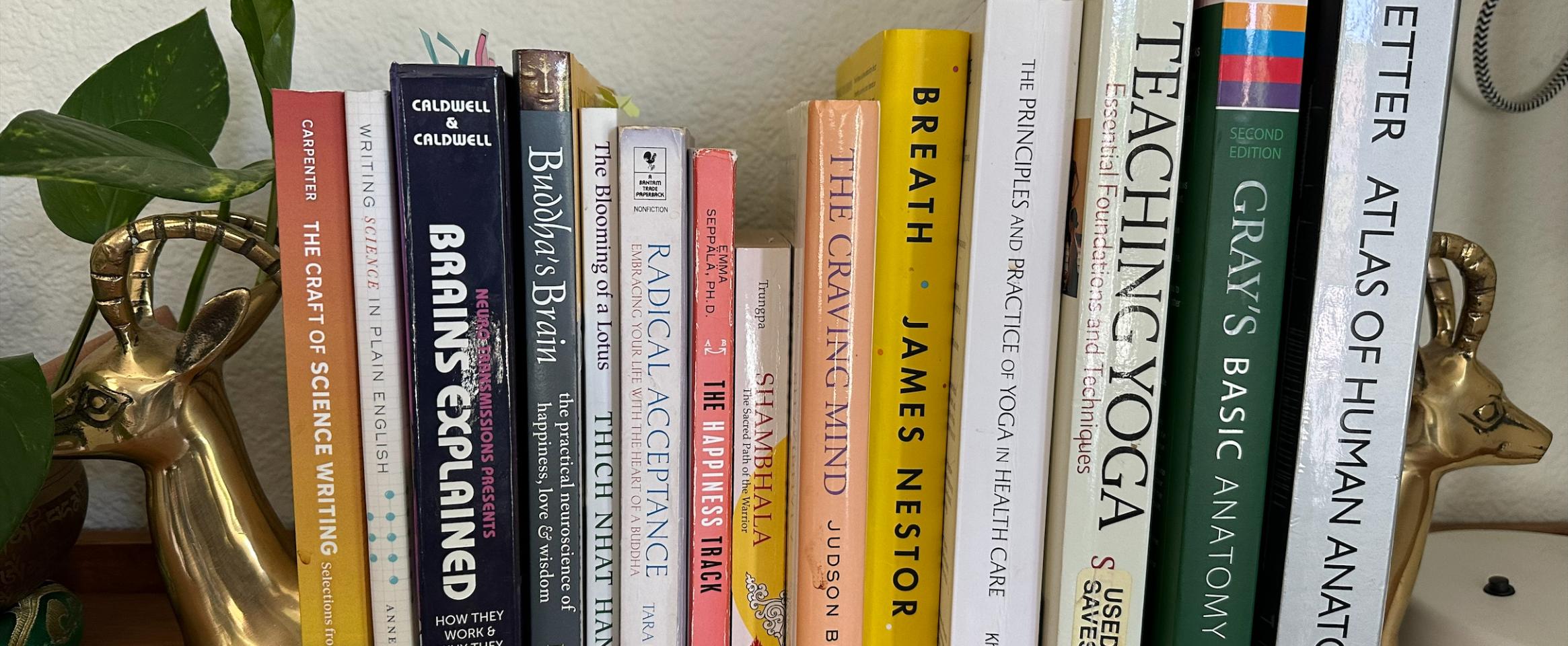 Rectangular photo of Brittany Fair’s office bookshelf showing books on yoga, the brain, anatomy, and science writing. Photo credit: Brittany Fair.