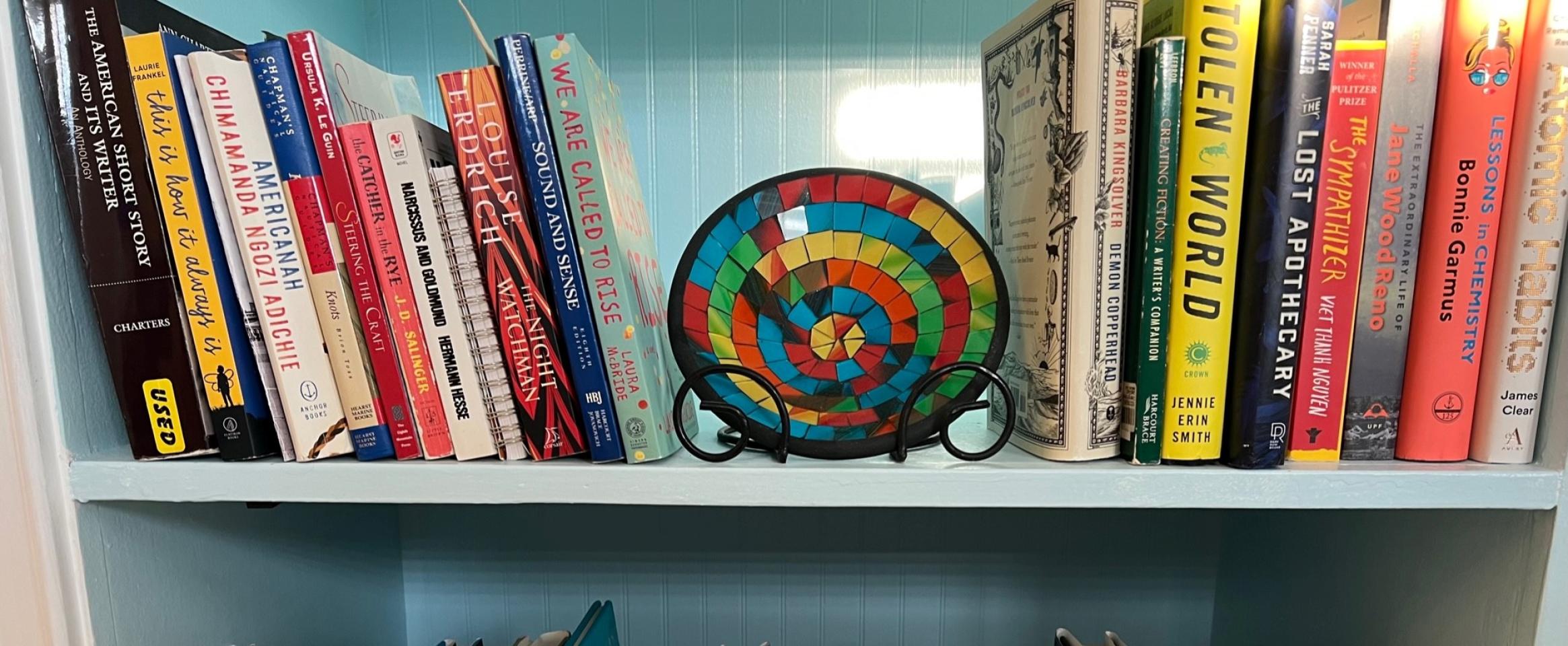 Rectangular photo of Ginger Pinholster’s office bookshelf containing a variety of narratives by and about people living on the edges of society, including some with mental illness. Photo credit Ginger Pinholster.