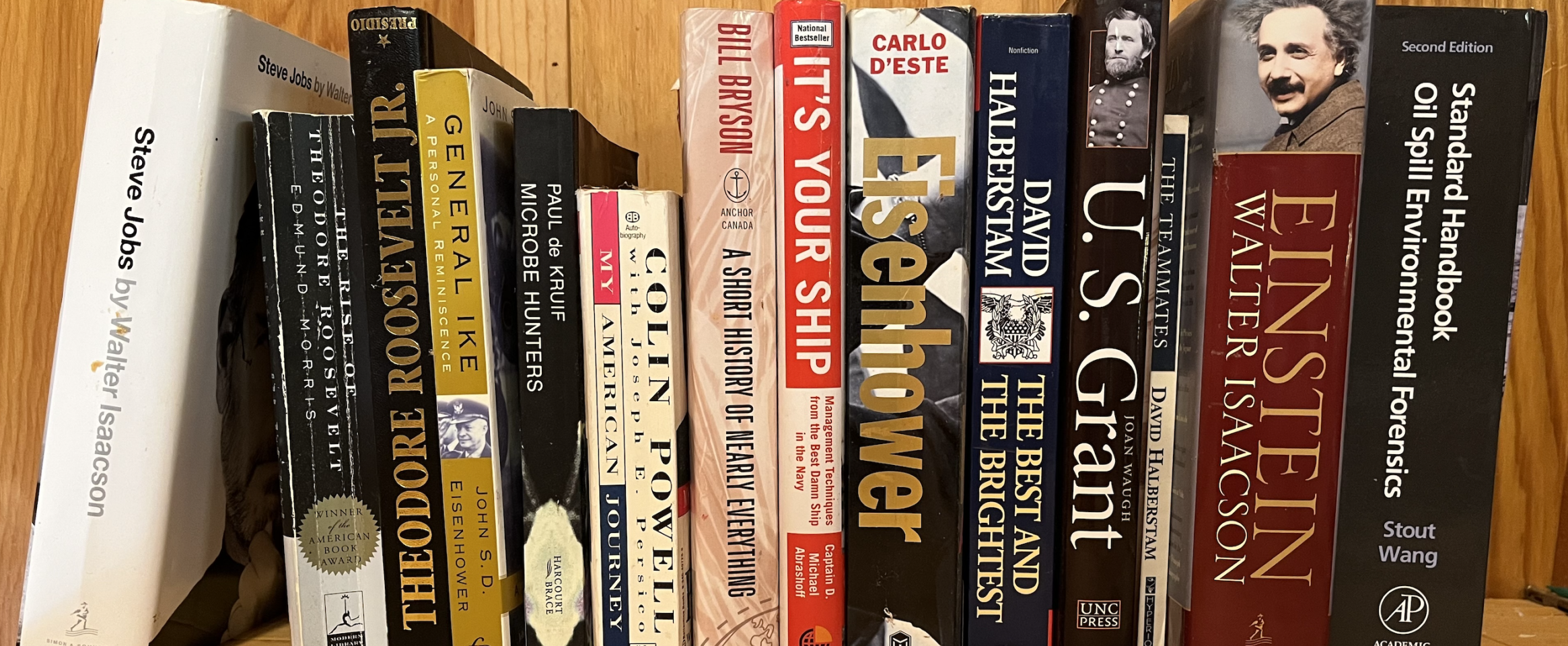 Rectangular photo of Christopher Reddy’s office bookshelf showing books on leadership and leaders, including U.S. Grant, Theodore Roosevelt, Albert Einstein, Dwight Eisenhower, and Steve Jobs. Photo credit: Christopher Reddy 