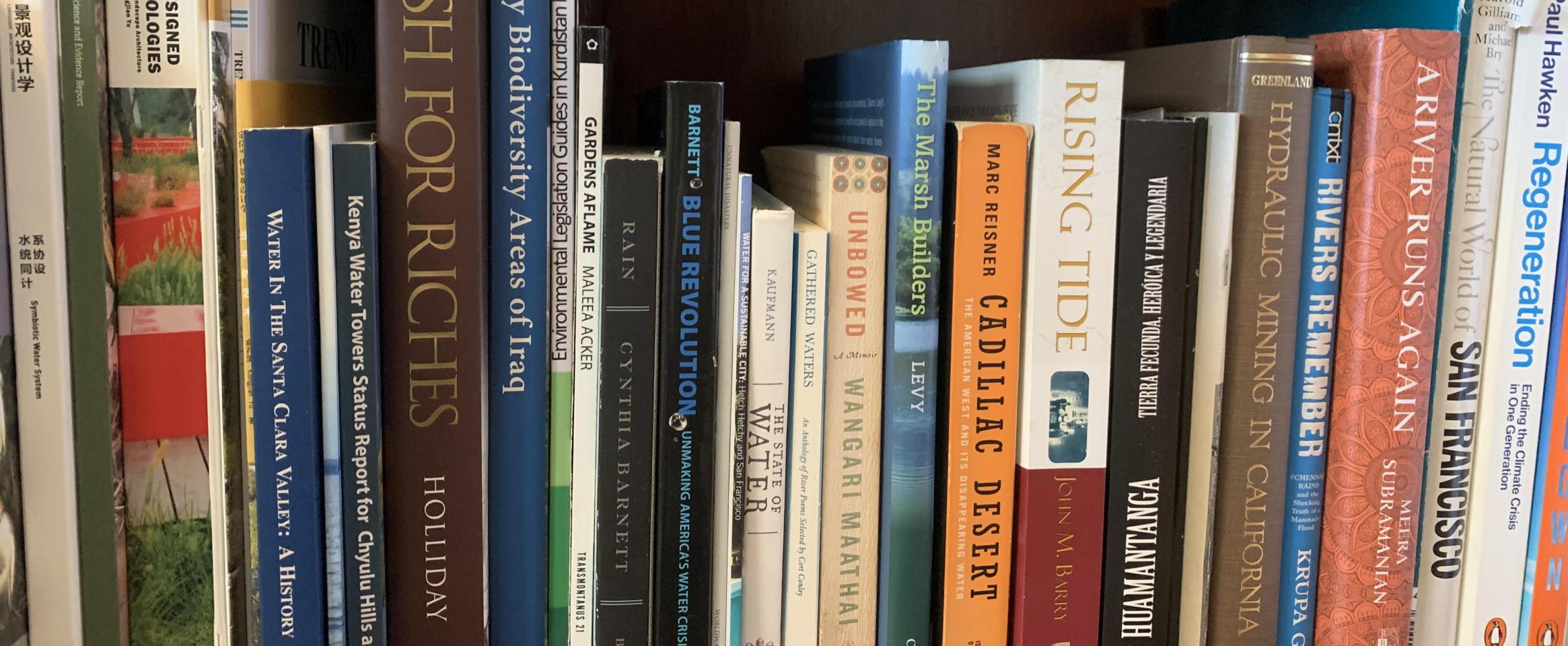 Rectangular photo of Erica Gies’ office bookshelf showing works on water and water-related topics including ecology, environmental legislation, rain, marshes, and rivers. Photo credit: Erica Gies.