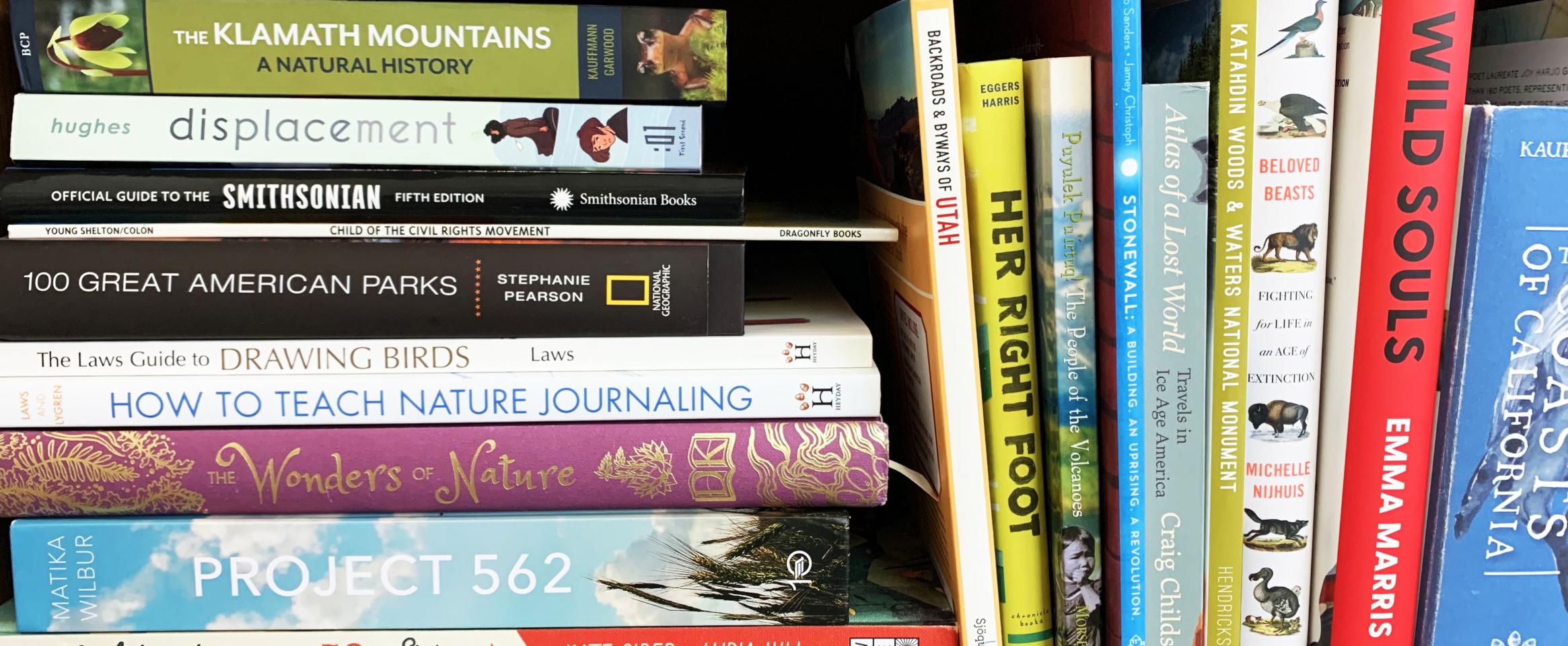 Rectangular photo of Cameron Walker’s office bookshelf showing books on drawing, journaling, and nature. Photo credit Cameron Walker