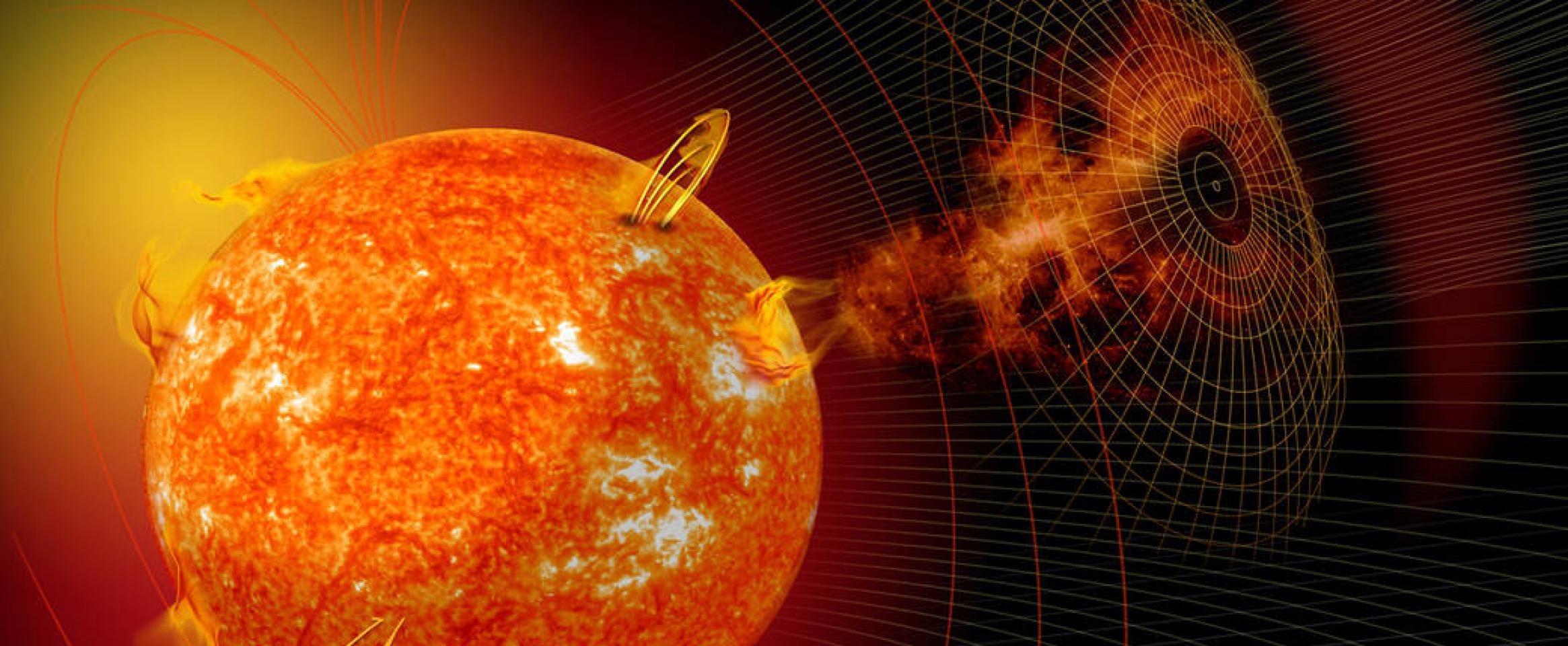 This artist’s depiction shows an active sun that has released a coronal mass ejection.  Credit: NASA