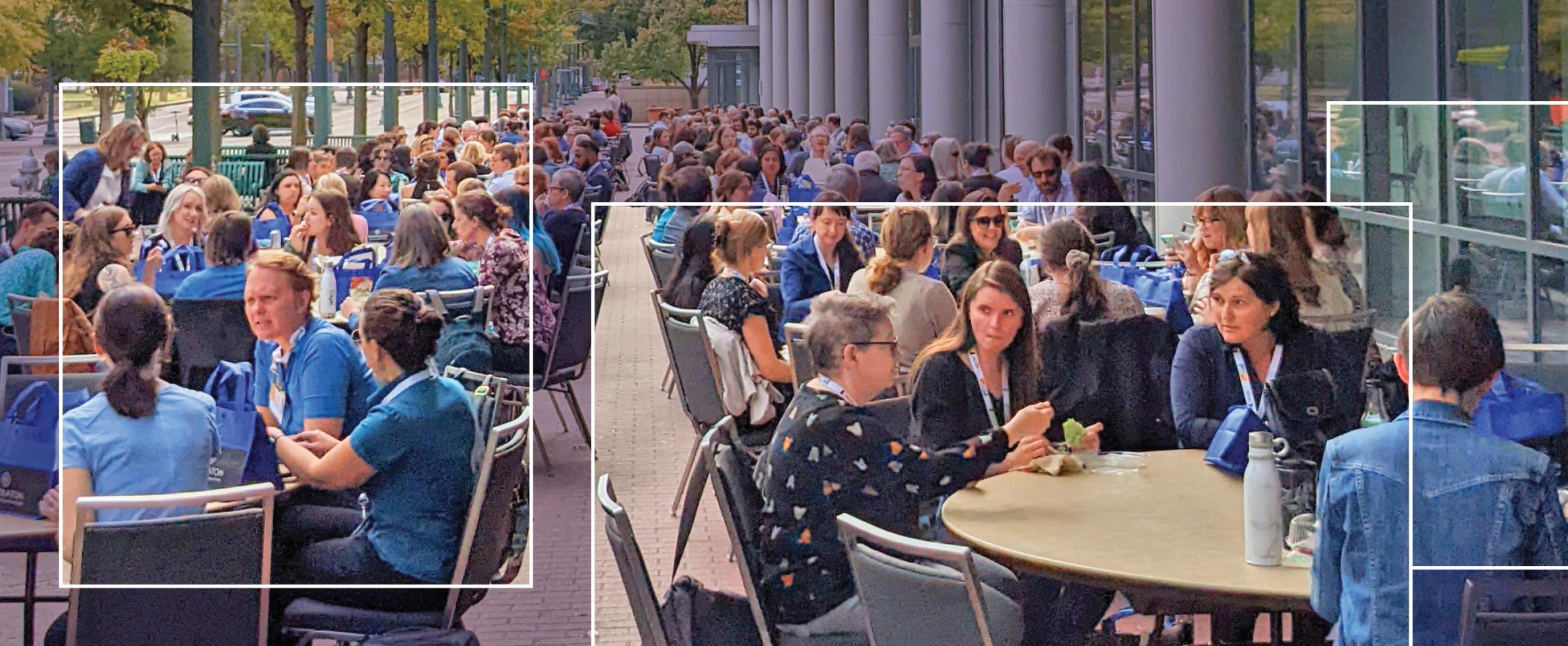 Clipped shot of the 2023 Winter Spring Science Writers magazine cover, showing conference attendees eating in large tables outdoors, highlighted by stylized frames and squares.