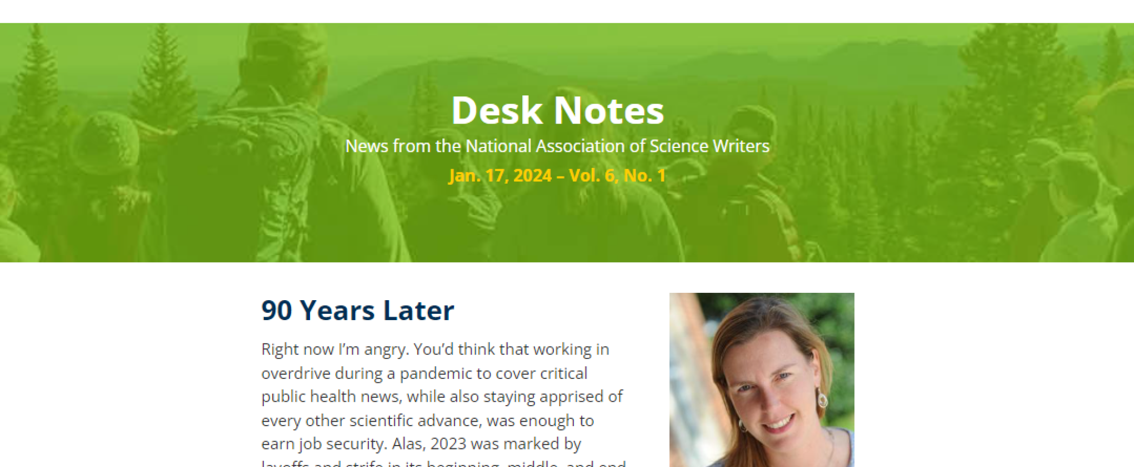 Screenshot of mailchimp version of NASW email newsletter with text Desk Notes as title, and headline 90 years later with photo of Tinsley Davis.