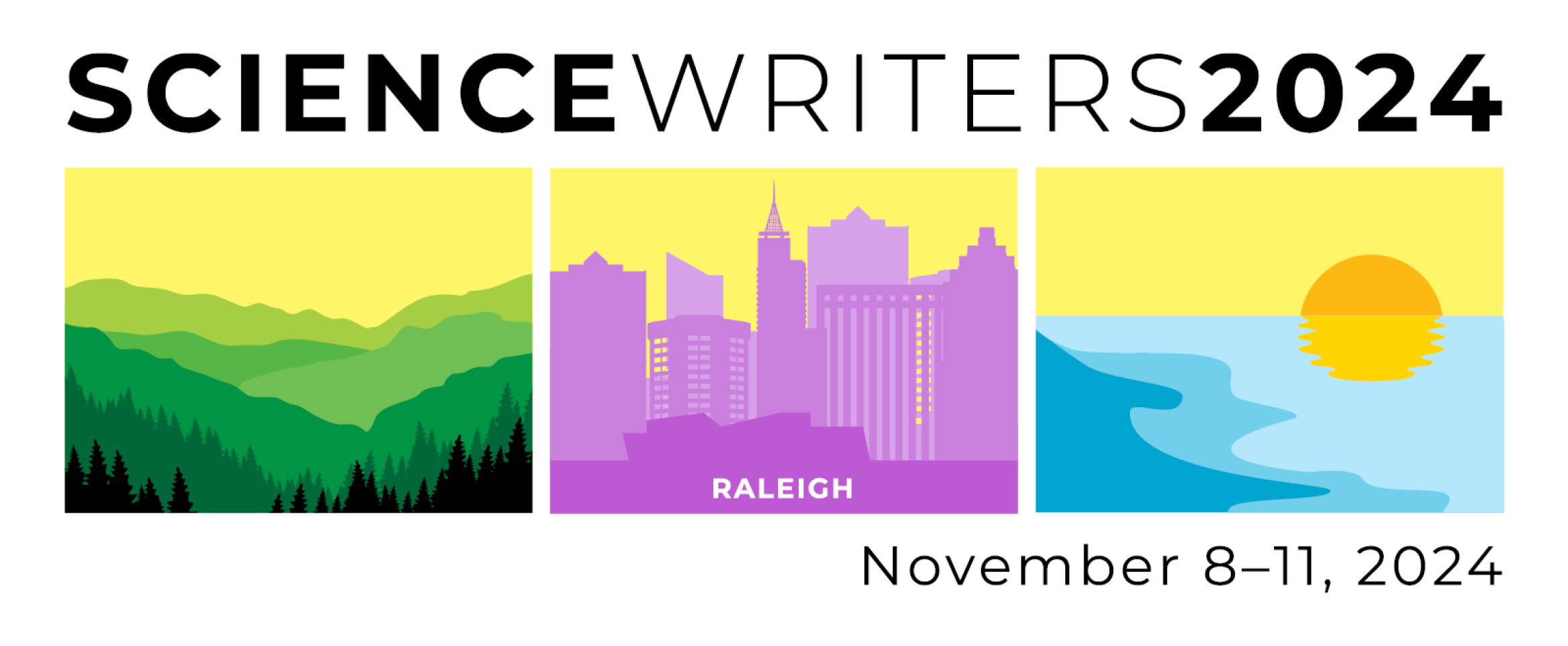 Horizontal graphic with the Science Writers 2024 conference logo, a triptych showing the Blue Ridge Mountains, downtown Raleigh skyline, and the North Carolina coastline with a rising sun.