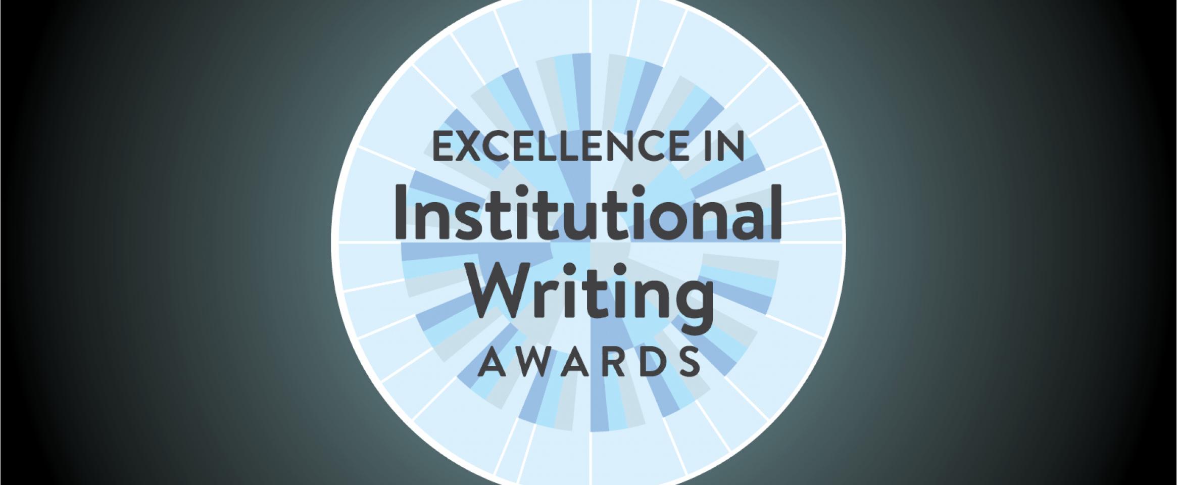 Logomark of the N A S W Excellence in Institutional Writing Awards, a round medallion motif nested within a radiant gradient backgroun.