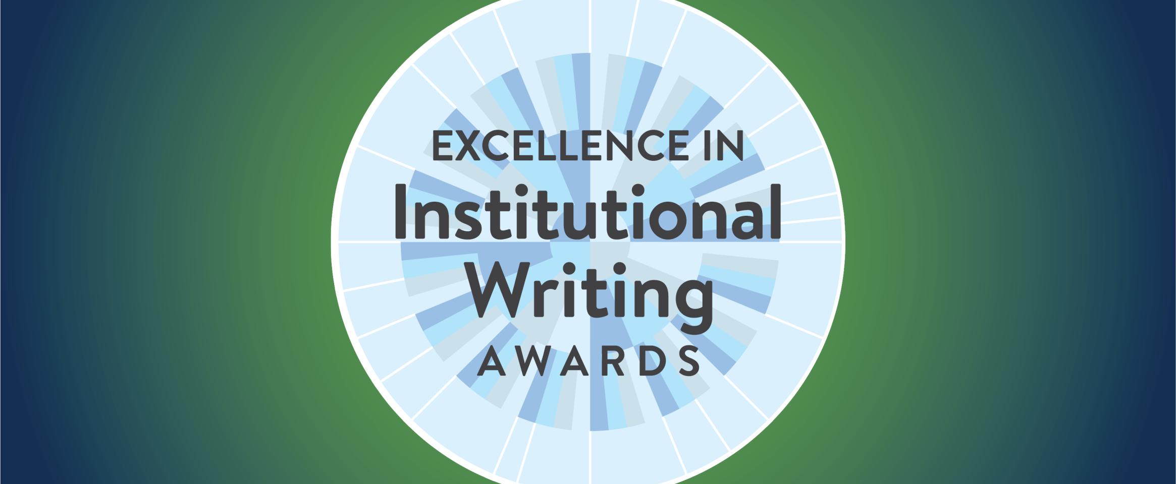 Logomark of the N A S W Excellence in Institutional Writing Awards, a round medallion motif nested within a radiant gradient background.