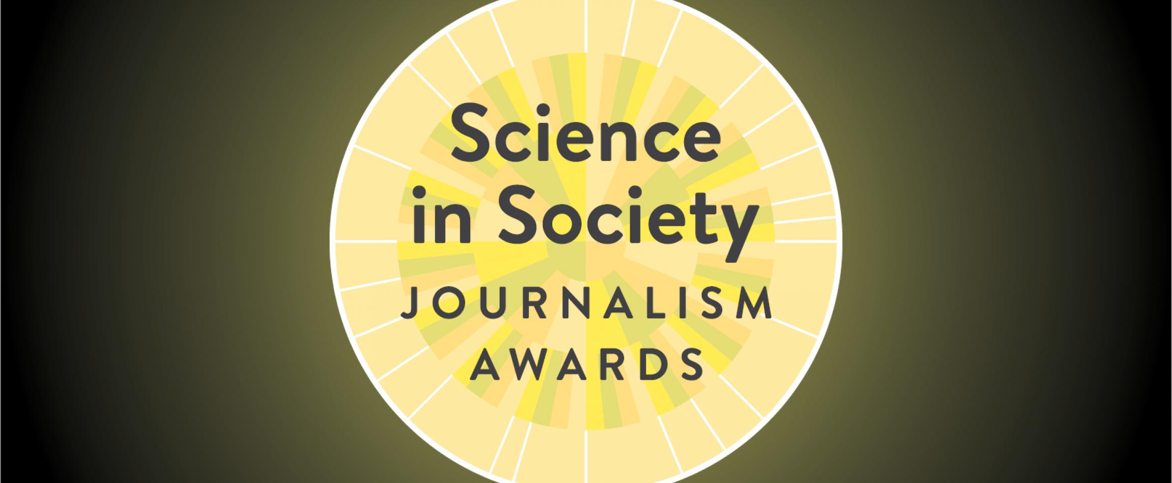 Logomark of the N A S W Science in Society Journalism Awards, a round medallion motif nested within a radiant gradient backgroun.