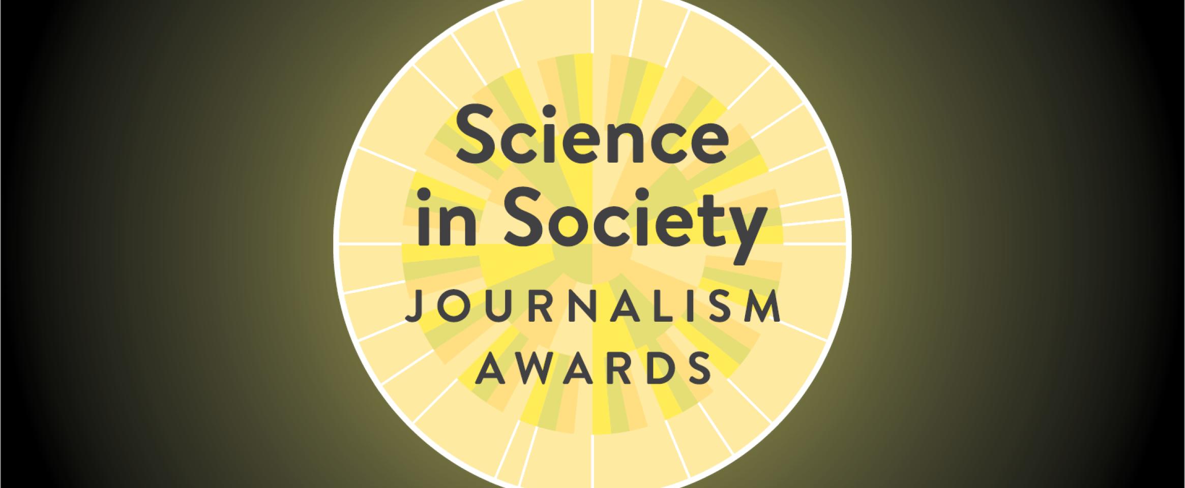 Graphic with circular logo of the N A S W Science in Society Journalism Awards, which somewhat resembles a rosette or a plasmid diagram. The logo is set against a radiating gradient pattern, evoking the sense of knowledge spreading across a barren space.
