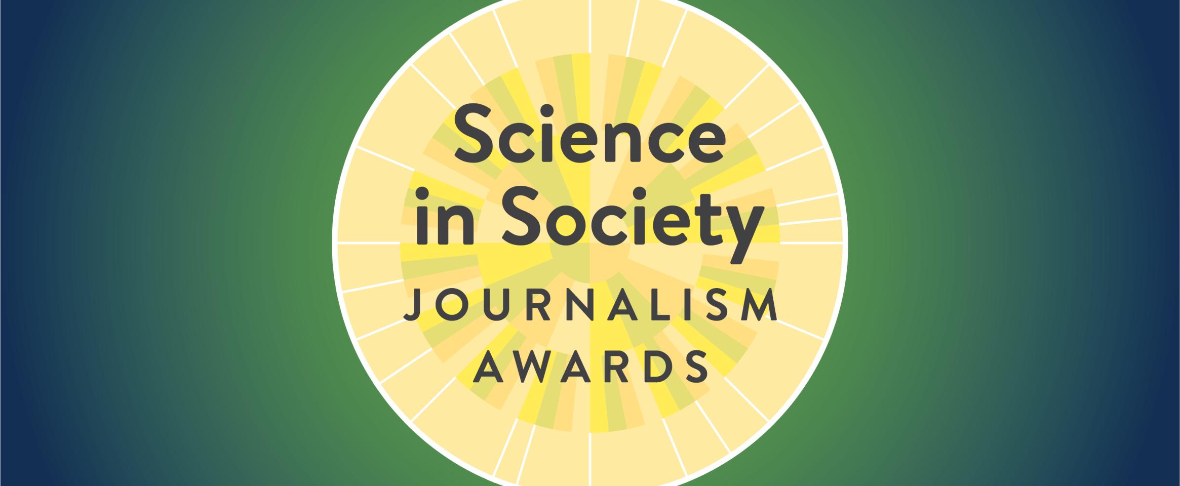 Logomark of the N A S W Science in Society Journalism Awards, a round medallion motif nested within a radiant gradient background.