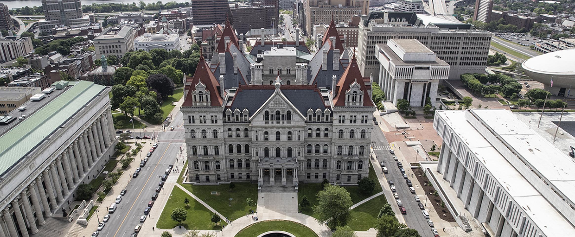 Landscape photo of an aerial view of the New York State Capitol