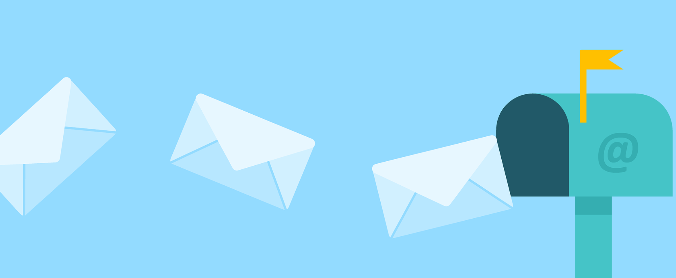Stock illustration showing envelopes floating towards an open mailbox.