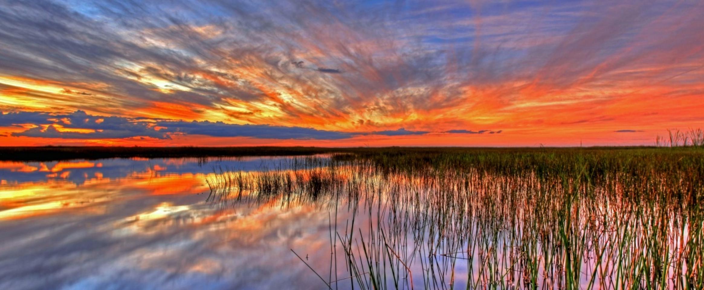 A dazzling sunset with lights and clouds shining over a wide grassy wetland in the Everglades. (Credit: G. Gardner/National Park Service)