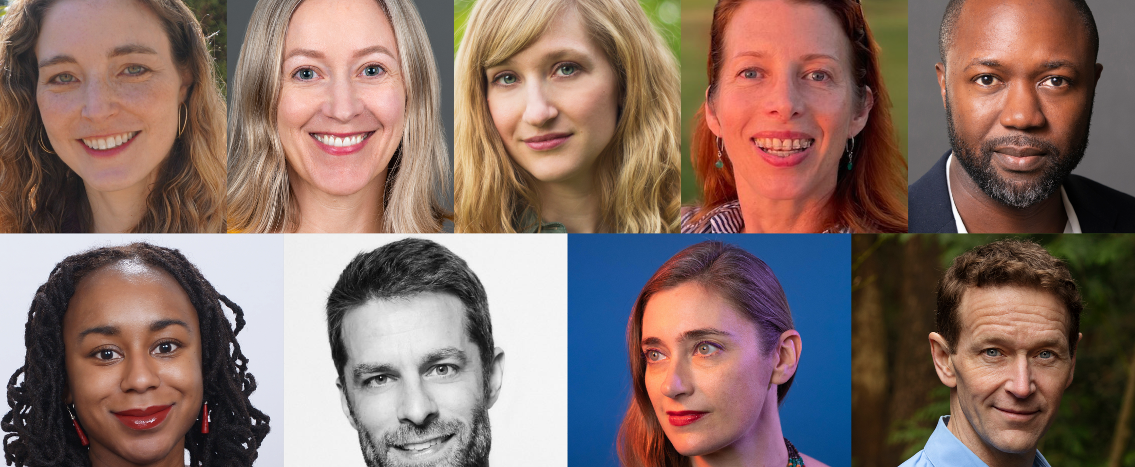 A photo collage of the 2023 N A S W journalism and institutional writing awards winners, all smiling against different outdoor and studio backgrounds, representing different hairstyles, genders, ethnicities. .