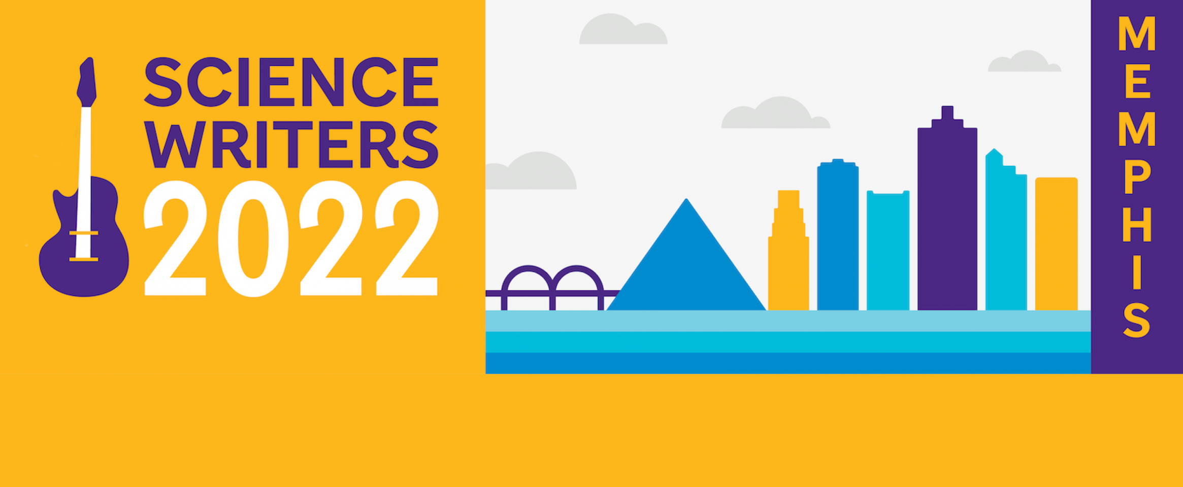 A rectangular graphic with logomark Science Writers 2022 posed with an electric guitar. Accompanying illustration shows the Memphis skyline with outlines of the de Soto Bridge and the Great America Pyramid