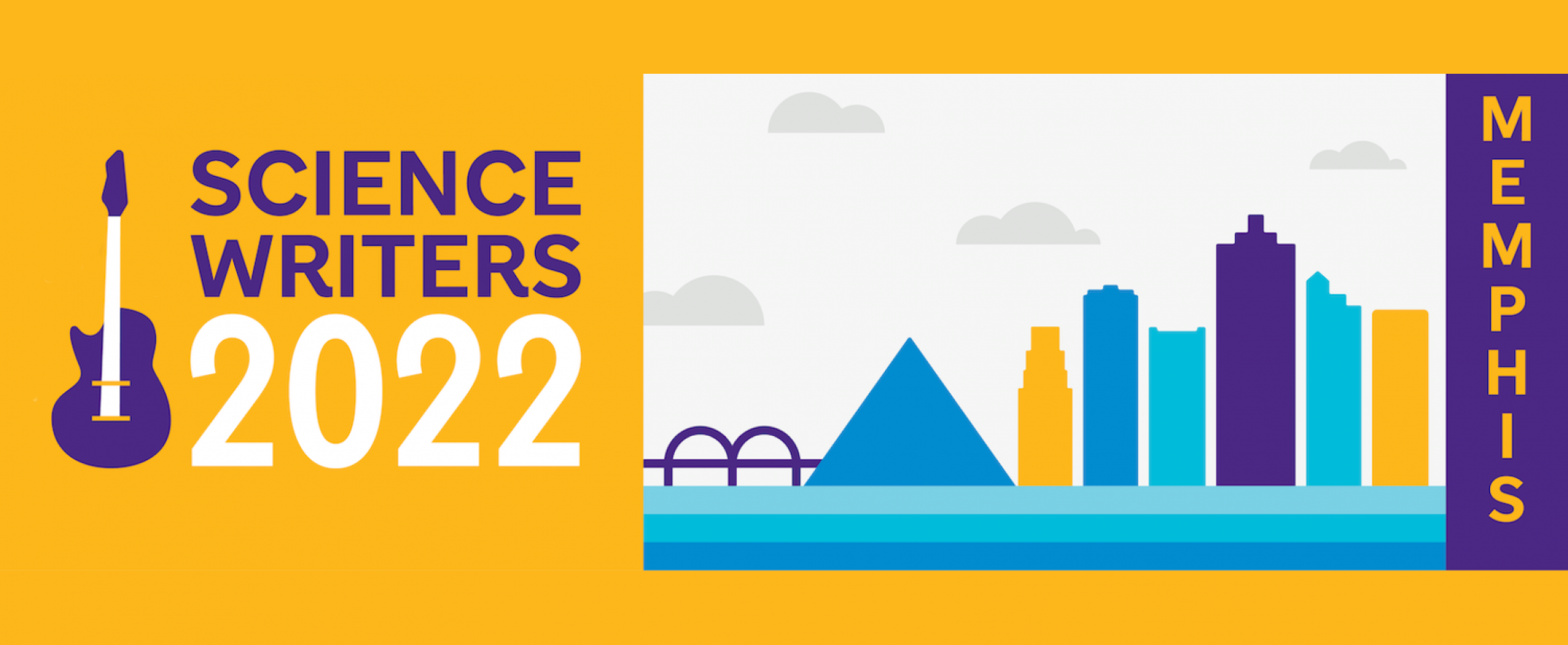 A rectangular graphic with logomark Science Writers 2022 posed with an electric guitar. Accompanying illustration shows the Memphis skyline with outlines of the de Soto Bridge and the Great America Pyramid