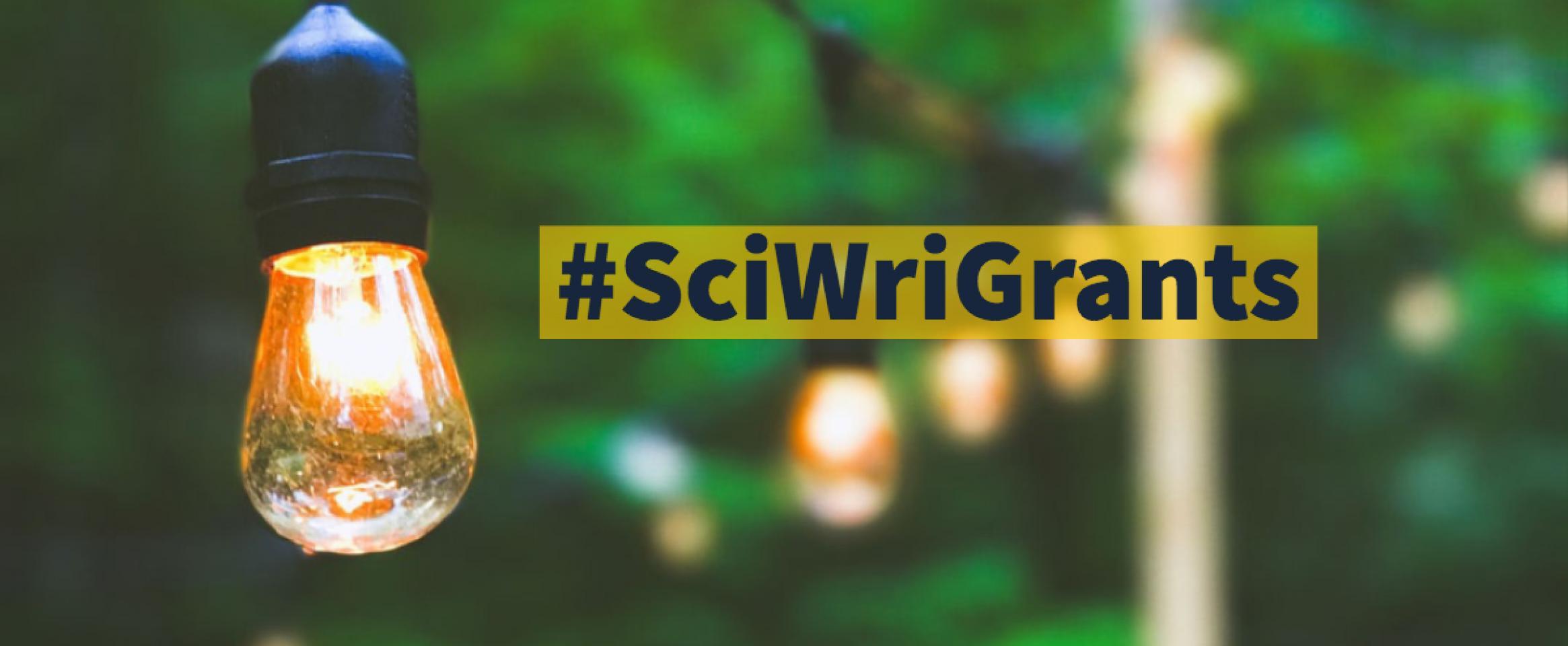 A graphic with a stock photo of a lightbulb hanging from a string light with text super imposed reading hashtag Sci Wri Grants