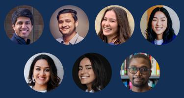 Horizontal graphic with headshot photos of the seven 2023 N A S W Diversity Summer Fellows, arranged in circle frames with four atop and three below