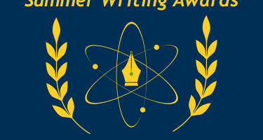 Graphic with laurels around an atom illustration with a fountain pen tip at the center. Text reads: Summer Writing Awards 2026 NASW Perlman Mentoring Program