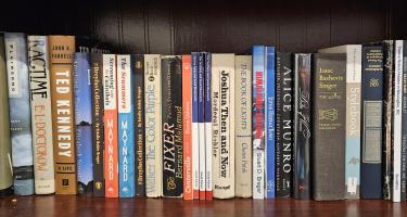 Rectangular photo of Alison Bass’ office bookshelf showing books by Isaac Bashevis Singer, Chaim Potak, Bernard Malamud, and other great storytellers. Photo credit: Alison Bass.