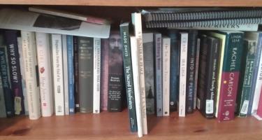 Rectangular photo of Sarah Boon’s office bookshelf showing works on ice, the climate, the Canadian Rockies, and women in science including Rachel Carson. Photo credit: Sarah Boon.