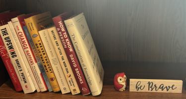 Rectangular photo of Beth Malow’s office bookshelf showing works on politics and society by authors including David Brooks, Robert Putnam, and Amanda Ripley, along with a book about Braver Angels, a national nonprofit organization in which Malow is active. Photo credit: Beth Malow.