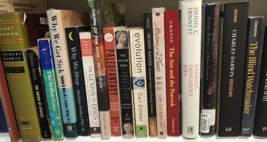 Rectangular photo of David Stipp’s office bookshelf featuring several books by and about Charles Darwin and evolution, along with books on ants, dogs, sleep, and nature. Photo credit: David Stipp.