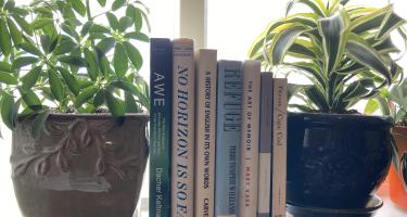 Rectangular image of Heather Hansen’s readings for Solitude: The Science and Power of Being Alone, including books on awe, contemplation, refuge, and memoirs. Image credit: Heather Hansen.