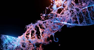 Abstract digital illustration of a DNA double helix, depicted in glowing pink, blue, and purple specks against a black background