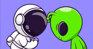 Cartoon illustration of an astronaut and alien facing each other.