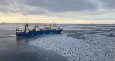 The fishing vessel ‘Sejong’ on the ocean with large, white icebergs.