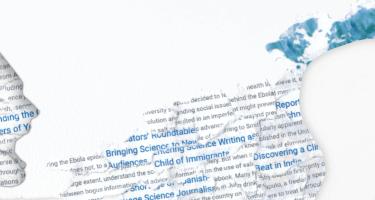 illustration simulating paper tears with words from Diverse Voices column entries, framed around a silhouette of a human head speaking