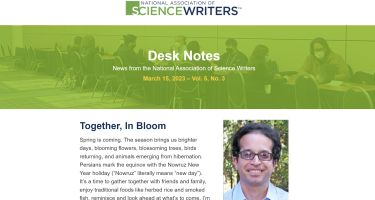 Screenshot of N A S W Desk Notes newsletter with headline Together In Bloom and headshot photo of Ramin Skibba