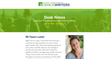 Screenshot of mailchimp version of NASW email newsletter with text Desk Notes as title, and headline 90 years later with photo of Tinsley Davis.