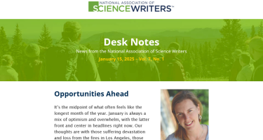 Screenshot of mailchimp version of NASW email newsletter with text Desk Notes as title, and headline Opportunities Ahead with photo of Tinsley Davis.
