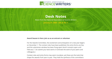 Screenshot of mailchimp version of NASW email newsletter with text Desk Notes as title, and headline Award Season is Here