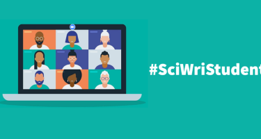 A blue green background with a cartoon of a laptop and #SciWriStudent text