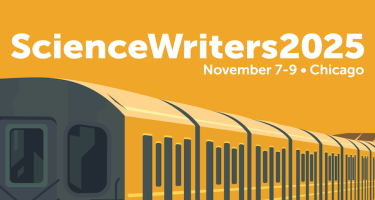 ScienceWriters2025 logo showing an L train drawing on an orange background.