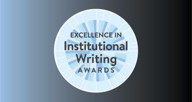 Graphic with circular logo of the N A S W Excellence in Institutional Writing Awards, which somewhat resembles a rosette or a plasmid diagram. The logo is set against a linear gradient pattern, evoking the sense of knowledge revealed by a spotlight.