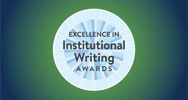 Logomark of the N A S W Excellence in Institutional Writing Awards, a round medallion motif nested within a radiant gradient background.