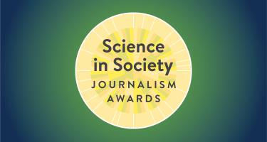 Logomark of the N A S W Science in Society Journalism Awards, a round medallion motif nested within a radiant gradient background.