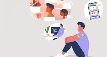 Illustration of a man with thought bubbles showing computer, mobile device, and chat bubbles.
