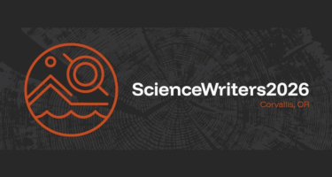 The ScienceWriters2026 logo- a dark background with faint tree ring design elements and a red circle